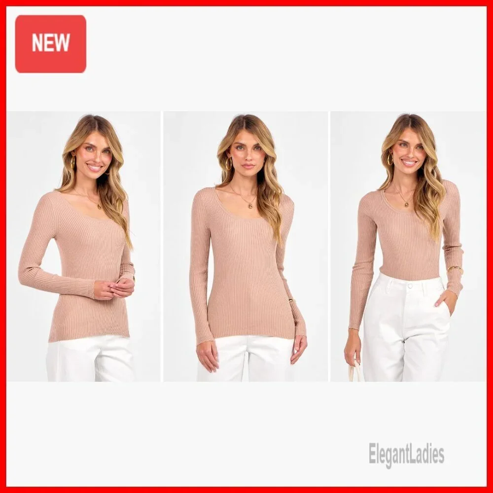 Ribbed Fitted Sweater Long Sleeve Scoop Neck Slim Fit Lightweight Pullover